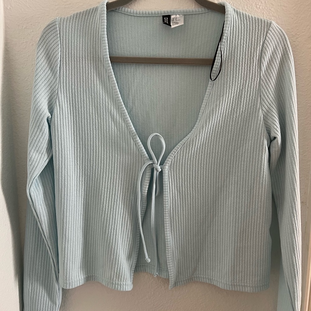 Baby blue long sleeve tie front blouse